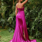 Evening Dress Solid Color Split Maxi Dress Pleating One Shoulder Pleating Strap Tight Ribbon Meiko